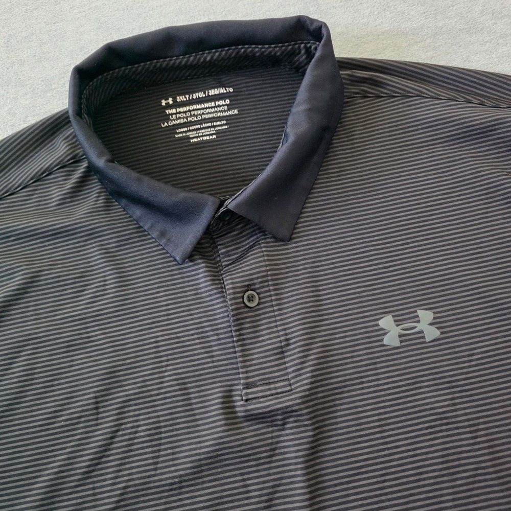 Under Armour Mens Performance Polo Shirt 3XLT Black Gray Striped HeatGear Loose